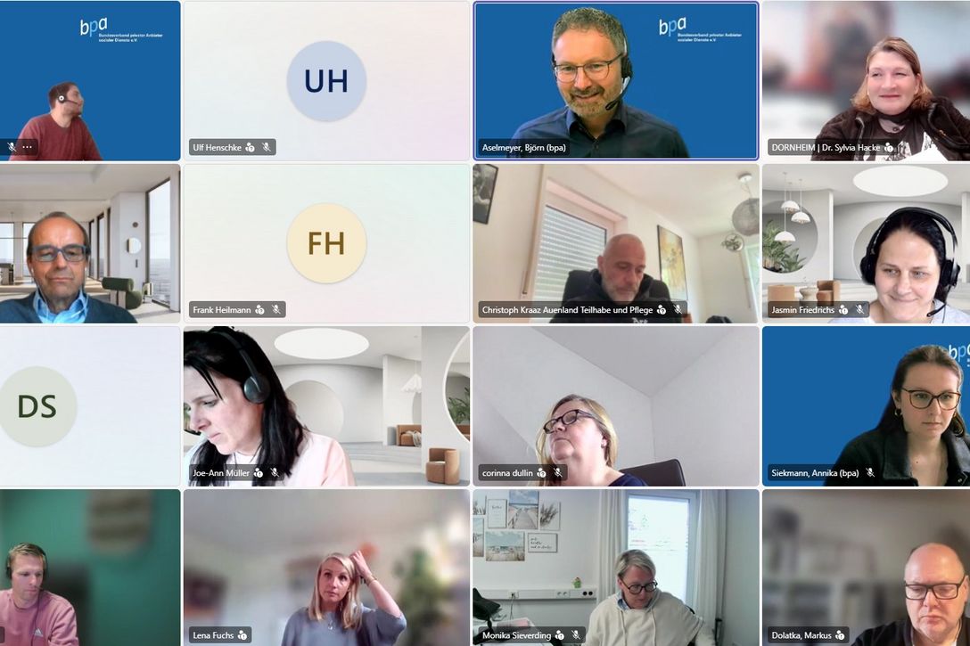 Online-Sitzung der AG Wohngemeinschaften des bpa Niedersachsen: Eingeladen hatte die bpa-Landesgeschäftsstelle Niedersachsen, vertreten durch den Landesbeauftragten Björn Aselmeyer und die Landesreferentin Annika Siekmann.